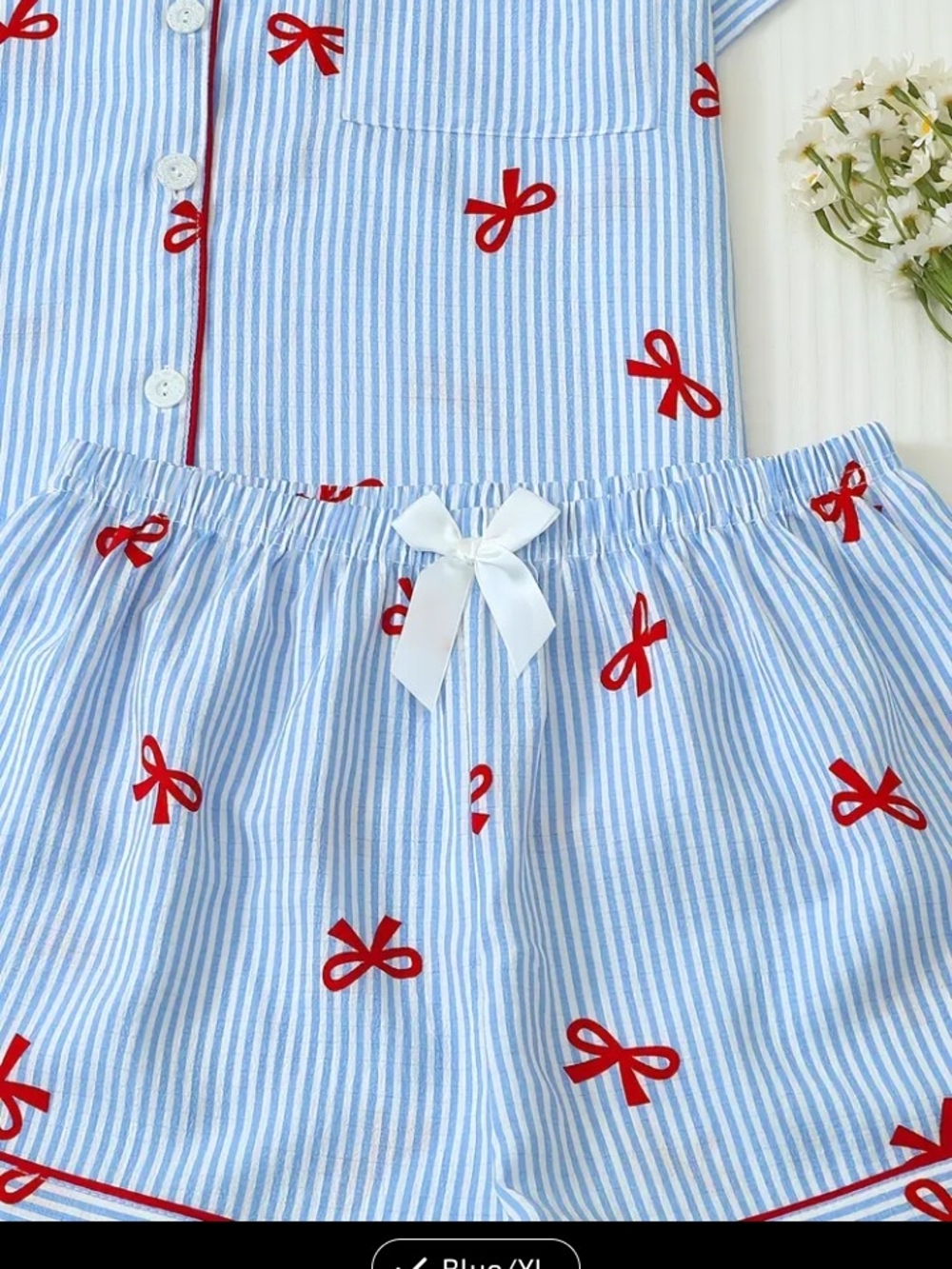 Blue Striped Red Bow Cotton Short Pajama Set - Women - Picture 2 of 6